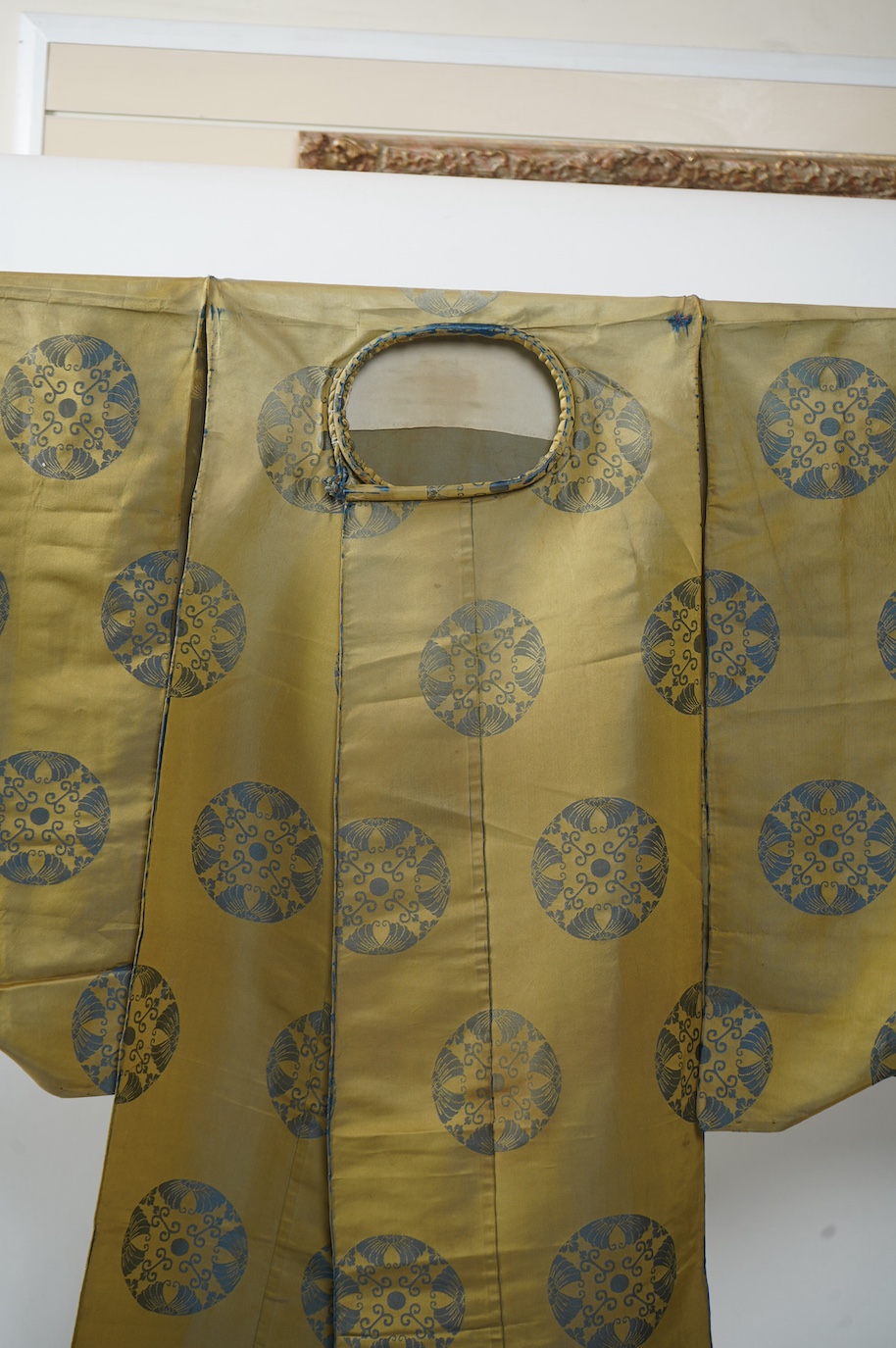 Two 1880-1920 Japanese green silk damask Kariginu, ‘hunting cloth’ robes, worn not as ‘hunting robes’ at this period, but as day wear for high ranking male Imperial Court nobles, traditionally worn with a sash at the wai